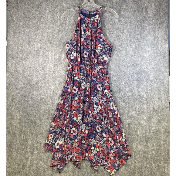 BCBG Paris Dress Womens XS Blue Pink Halter Floral Chiffon Handkerchief Hem Boho - Picture 3 of 15
